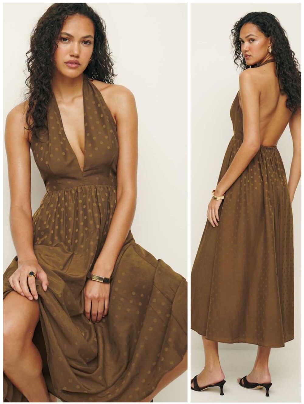 Reformation Polka Dot Brown Open Back Halter Jovanna Dress, 10